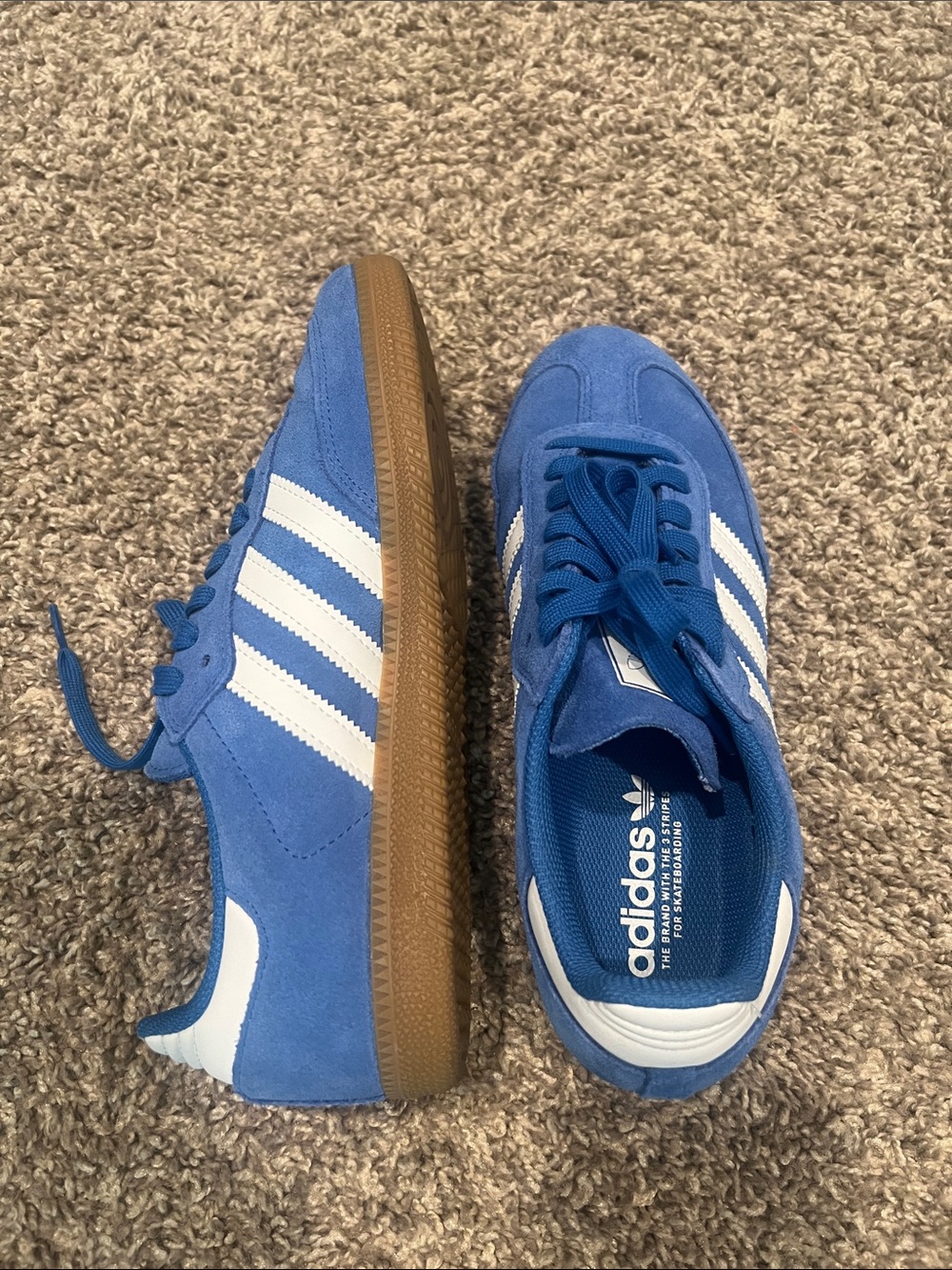 adidas Blue Suede Sneakers with White Stripes and Gum Sole